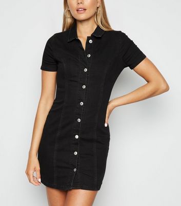 Black Button Up Denim Mini Dress | New Look